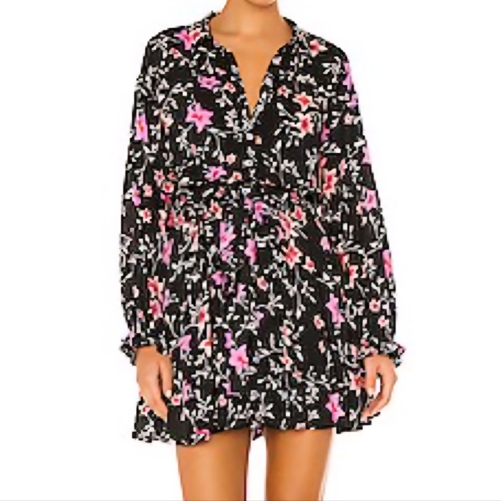 Free People Lighten Up Mini Dress Long Sleeve Shirt Dress Boho Black Size XS